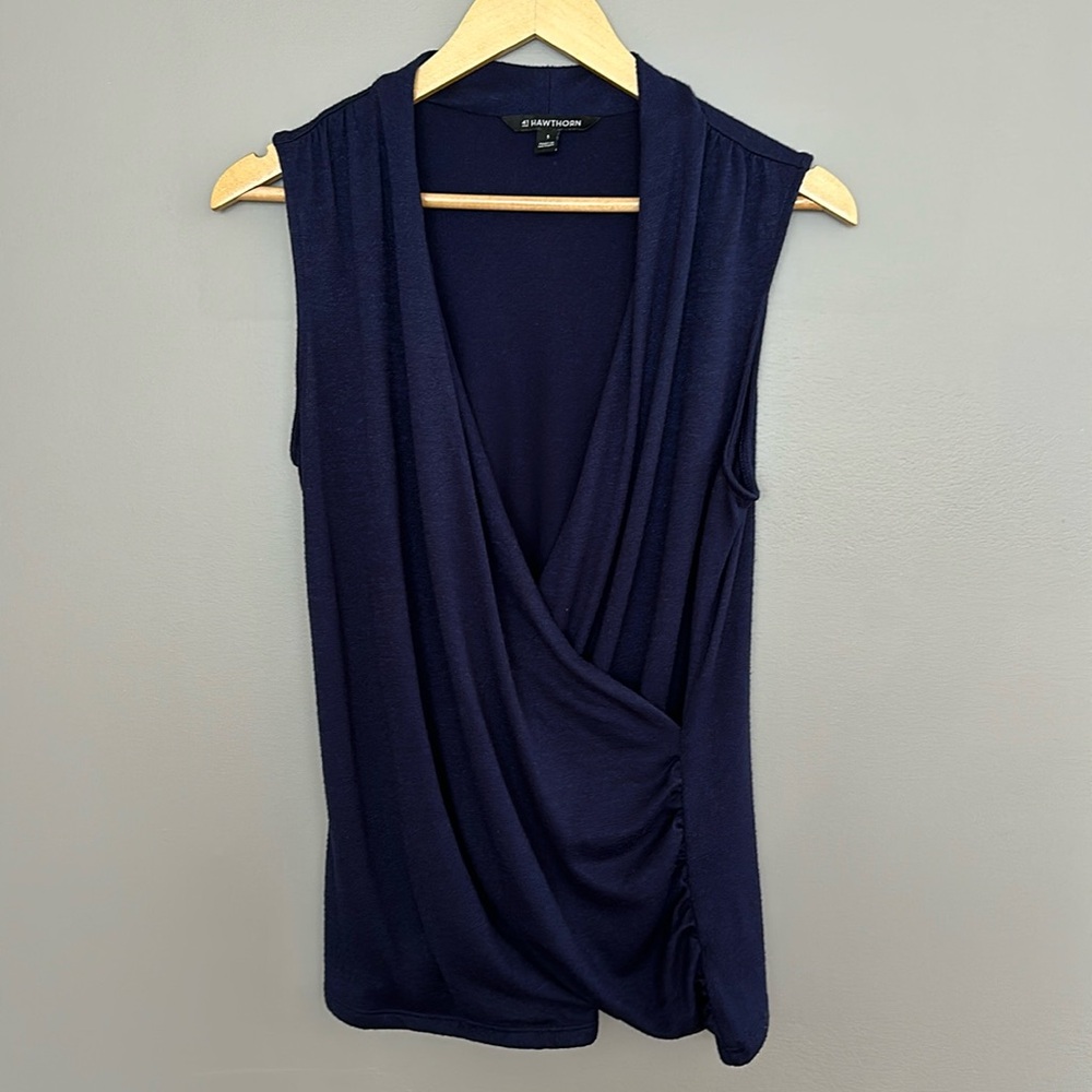 41 Hawthone Benni Wrap Front Ruched Knit Top, Navy Blue, Size Large